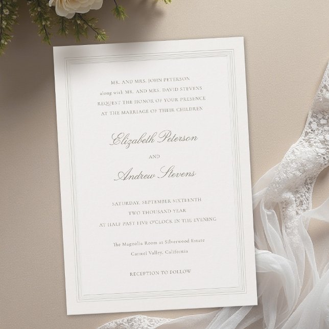 Invitación Ecru Formal Romance Classic Triple Frame  Wedding (formal wedding invitation modern classic triple frame faux embossed black tie ballroom ecru romance)