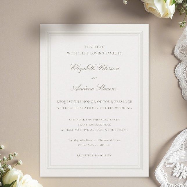 Invitación Ecru Formal Romance Modern Classic Triple  Wedding (formal wedding invitation modern classic triple frame faux embossed black tie ecru couple host)