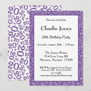 Invitación Edad 20 Patrón de Número Aleatorio Putple/Blanco 2