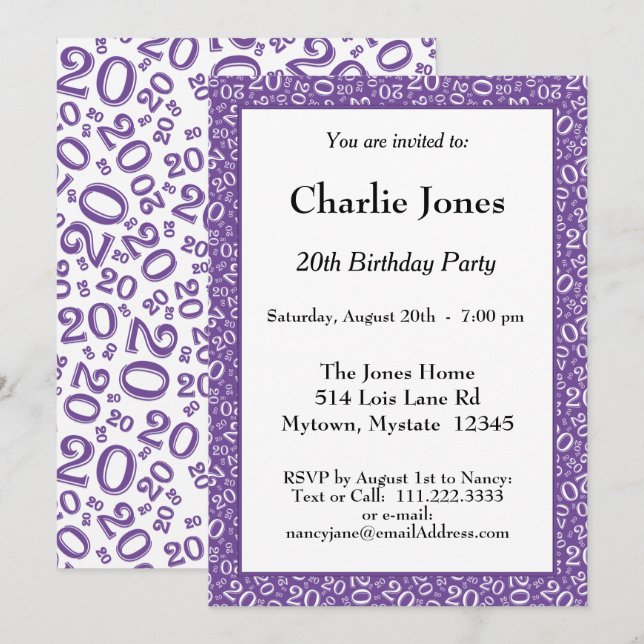 Invitación Edad 20 Patrón de Número Aleatorio Putple/Blanco 2 (Anverso / Reverso)