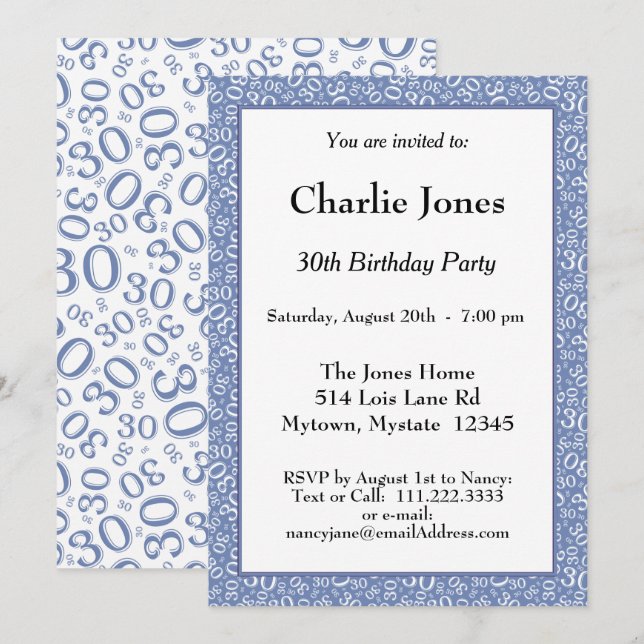 Invitación Edad 30 Patrón de Número Aleatorio Azul/Blanco 30º (Anverso / Reverso)