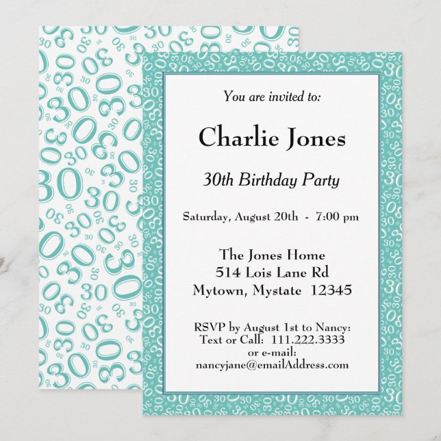 Invitación Edad 30 Patrón de Número Aleatorio Azul Turquesa/B (Anverso / Reverso)