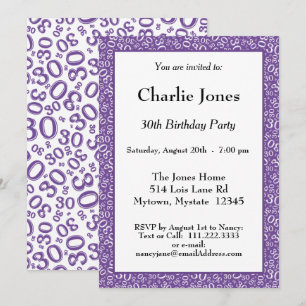 Invitación Edad 30 Patrón de Número Aleatorio Morado/Blanco 3