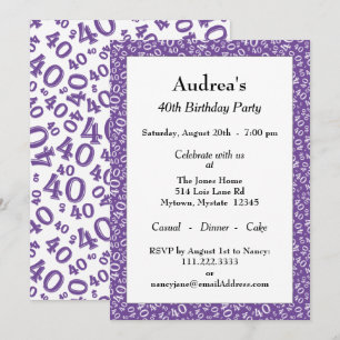 Invitación Edad 40 Patrón de Número Aleatorio Morado/Blanco 4