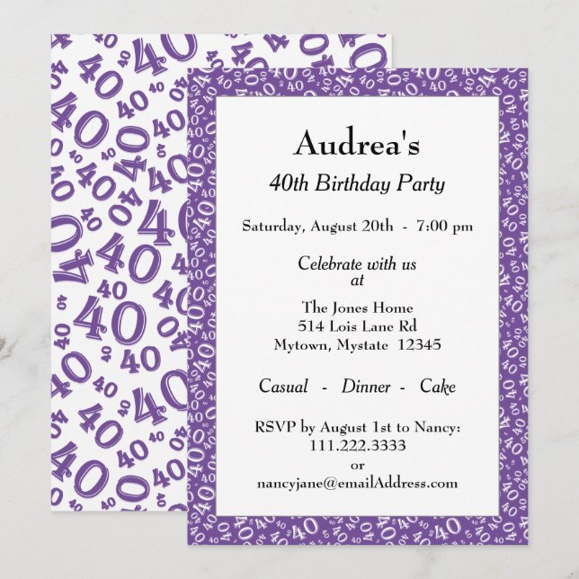 Invitación Edad 40 Patrón de Número Aleatorio Morado/Blanco 4 (Anverso / Reverso)