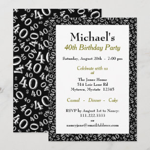 Invitación Edad 40 Patrón de Número Aleatorio Negro/Blanco 40