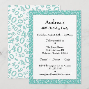 Invitación Edad 40 Patrón de Número Aleatorio Turquesa/Blanco