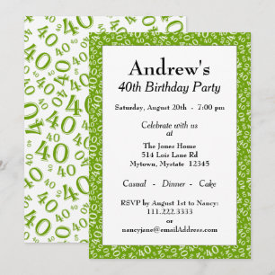Invitación Edad 40 Patrón de Número Aleatorio Verde/Blanco 40