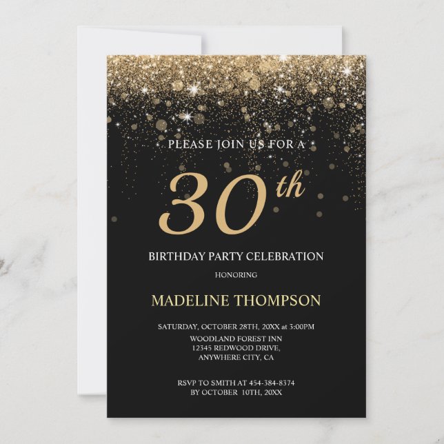 Invitación Edad Personalizada de 30 Años, Purpurina de Oro Ne (Anverso)
