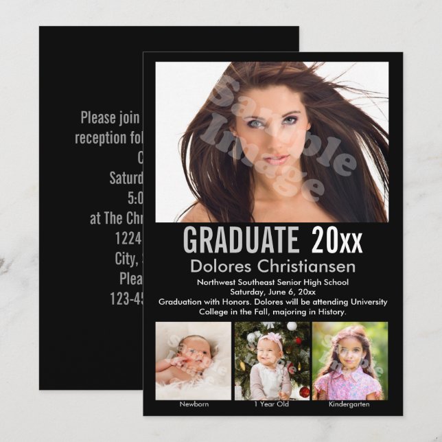 Invitación Edad Progression Photo Black Modern Graduation (Anverso / Reverso)