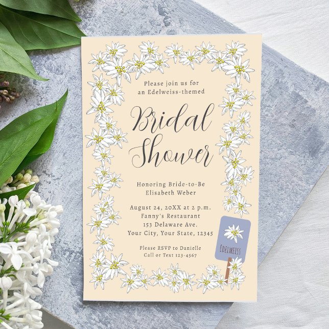 Invitación Edelweiss Alps Flor silvestre Champagne Ducha Brid (This Edelweiss themed bridal shower invitation features my hand-drawn border of Alpine wildflowers.)