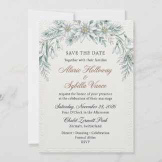 Invitación Edelweiss, gotas de nieve, agujas de pino, borde r