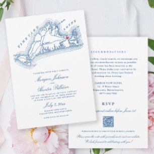Invitación Edgartown MA Boda Código QR Azul Marino Todo en Un