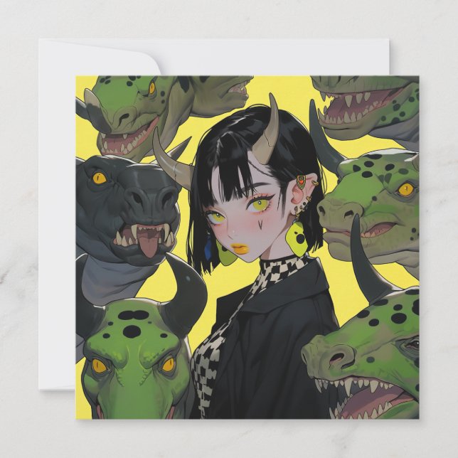 Invitación Edgy Anime Chica con dinosaurios (Anverso)