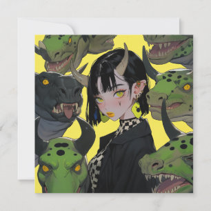 Invitación Edgy Anime Chica con dinosaurios