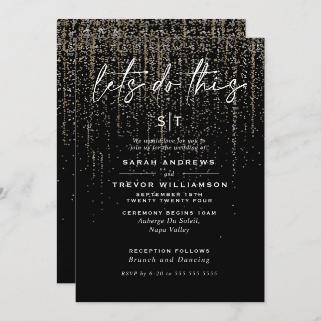 Invitación Edgy Moda Champagne Purpurina Garland (Anverso / Reverso)