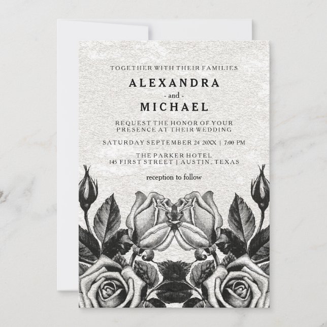 Invitación Edgy Victorian Rosas Boda blanco y negro (Anverso)