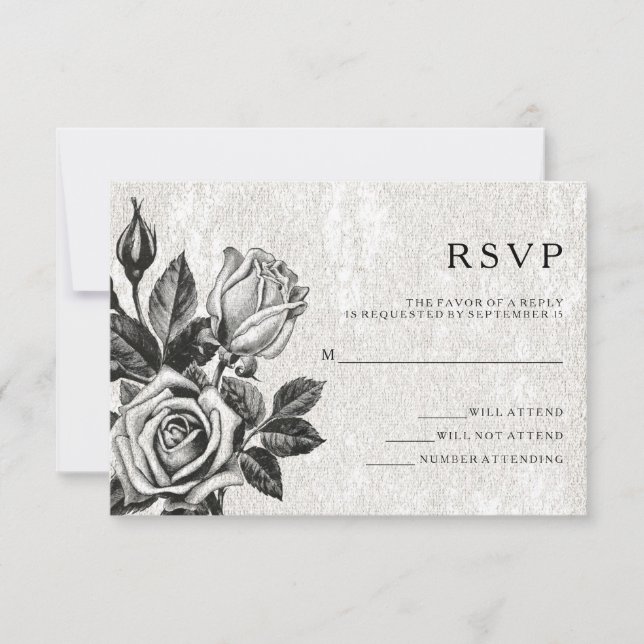 Invitación Edgy Victorian Rosas RSVP en blanco y negro (Anverso)