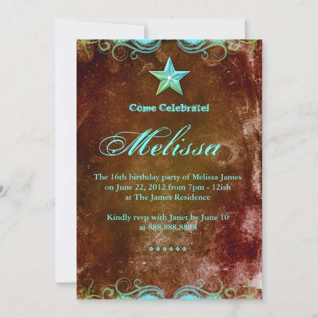 Invitación Edgy Western Sweet 16 Blue Brown Star (Anverso)