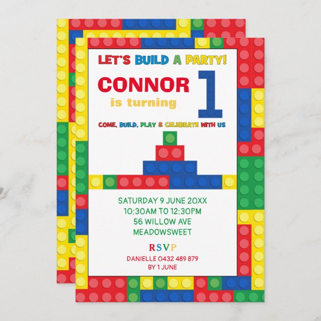 Invitación Edificio Bloque 1º Fiesta de cumpleaños Ladrillos  (Anverso / Reverso)