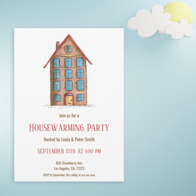 Invitación Edificio de apartamentos Cute Nueva Casa Calentado (Simple housewarming party invitation with an illustration of an apartment building)