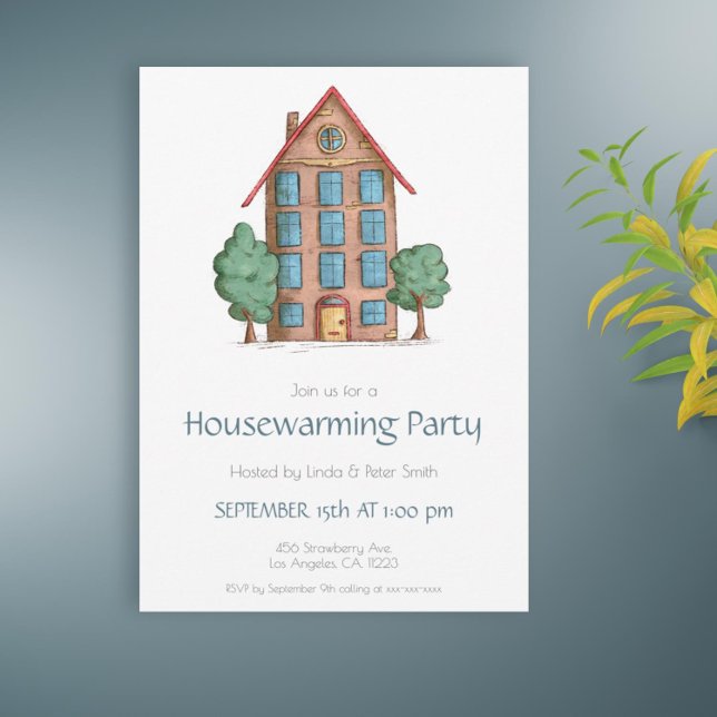Invitación Edificio de apartamentos y árboles nueva casa (Cute housewarming party invitation with an illustration of a building and some trees)
