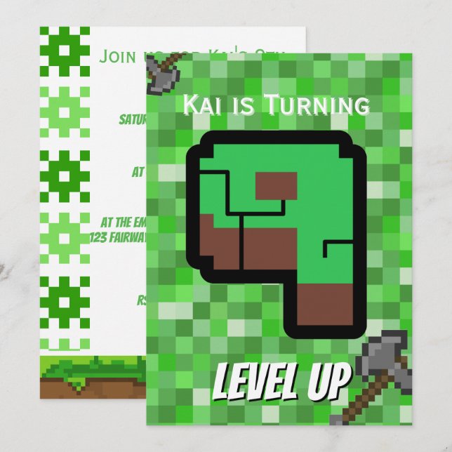 Invitación Edificio Verde Pixelado del Jugador Subir de Nivel (Anverso / Reverso)