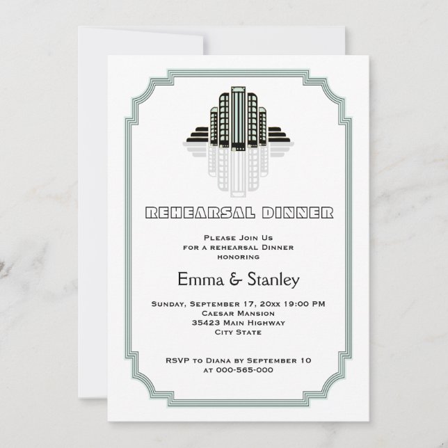 Invitación Edificios Art Déco menta boda ensayo cena (Anverso)