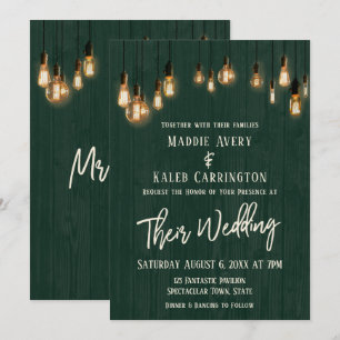 Invitación Edison de Madera Verde Rusa enciende a Boda de tip