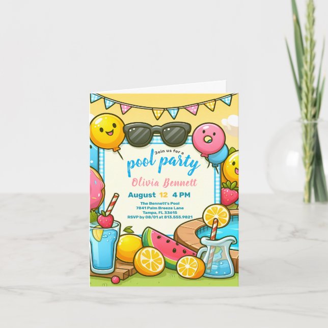 Invitación Editab PoolParty Cumpleaños para los niños Fun Bañ (Anverso)