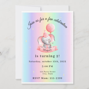 Invitación Editable 2nd Birthday Invitation Cute Elephant