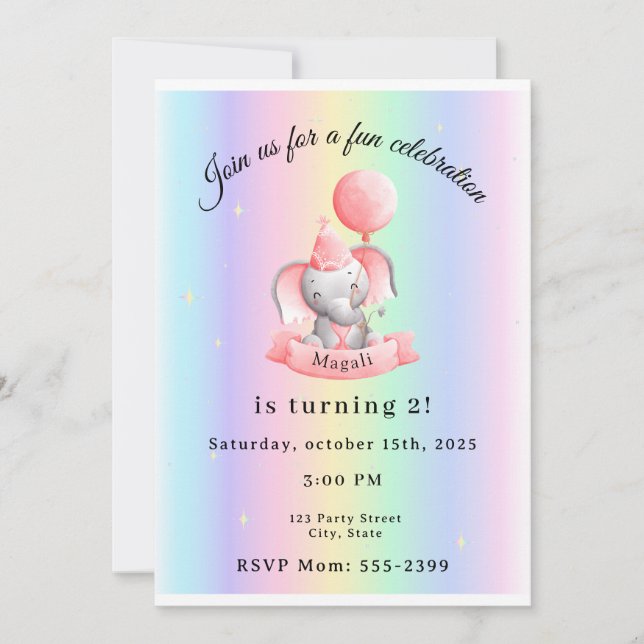 Invitación Editable 2nd Birthday Invitation Cute Elephant (Anverso)