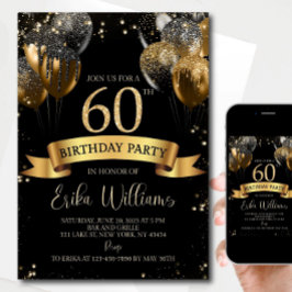 Invitación Editable 60th Birthday Invitation: Black & Gold Ba