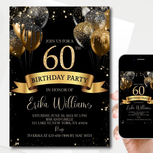 Invitación Editable 60th Birthday Invitation: Black & Gold Ba (Subido por el creador)