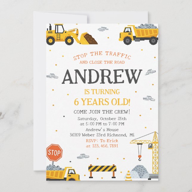 Invitación Editable A Modern Construction Birthday Party (Anverso)