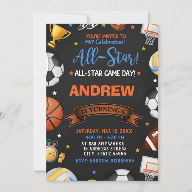 Invitación Editable All Star Sports Birthday Invitation (Anverso)
