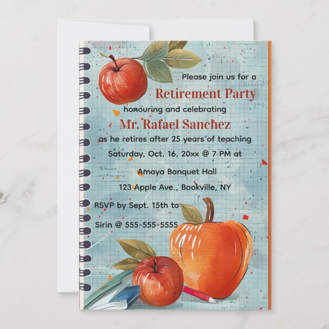 Invitación Editable Apple Graph Paper Teacher Retirement (Anverso)