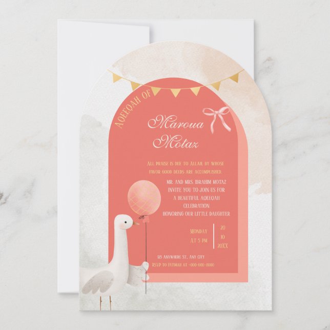 Invitación Editable Aqiqah for Baby Girl | Arch Shape Cute Go (Anverso)
