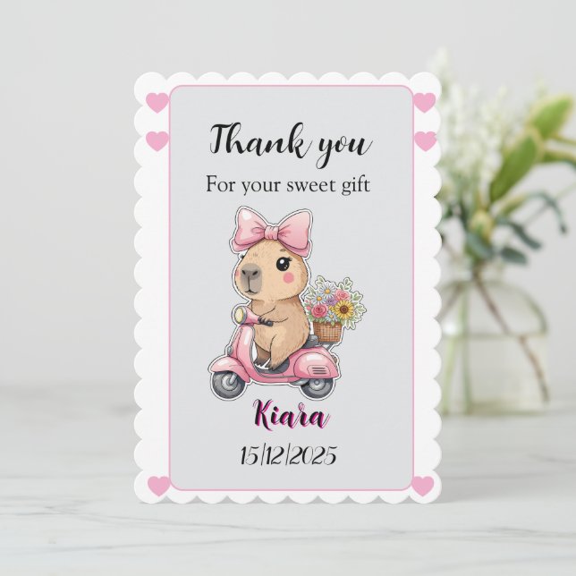 Invitación Editable Baby Shower Thank You Card Cute capybara (Anverso de pie)
