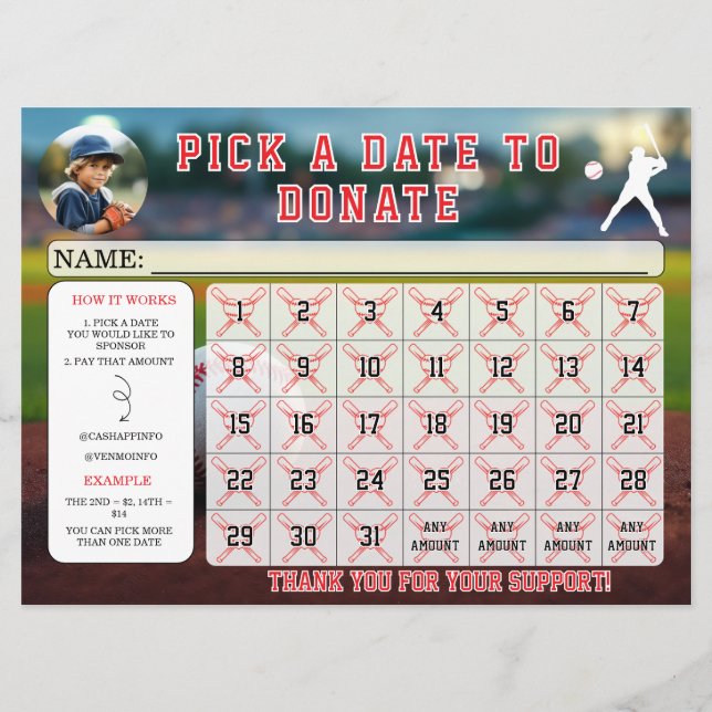 Invitación Editable Baseball Fundraiser Calendar  (Anverso)