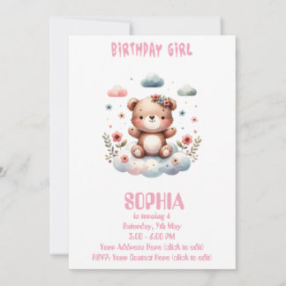 Invitación Editable Birthday Girl Teddy Bear Invitation 🧸💖
