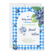 Editable Blue Gingham Charming Berry Green Leaves