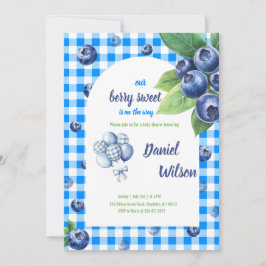 Invitación Editable Blue Gingham Charming Berry Green Leaves