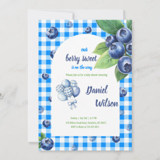 Invitación Editable Blue Gingham Charming Berry Green Leaves