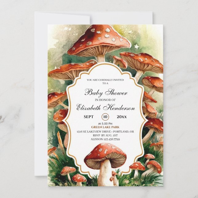 Invitación Editable Boho Mushroom Baby Shower (Anverso)