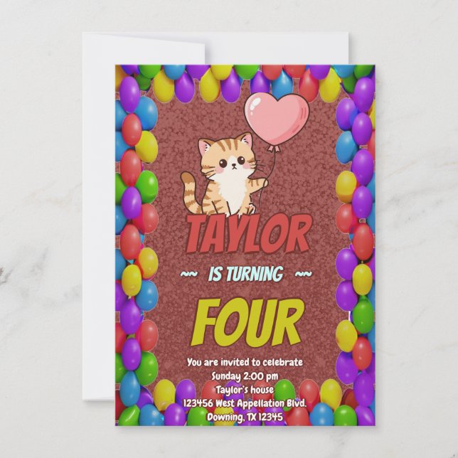 Invitación Editable Cat-Themed Birthday Invitation Balloon (Anverso)
