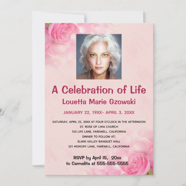 Invitación Editable celebración de la vida con fotos de rosas (Anverso)