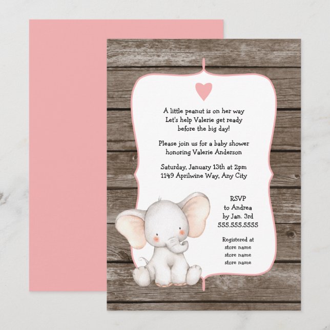 Invitación EDITABLE COLOR Chica elefante Baby Shower (Anverso / Reverso)