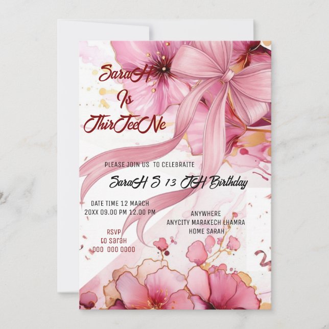 Invitación Editable Coquette Pink Bow Birthday Invitation, Pi (Anverso)