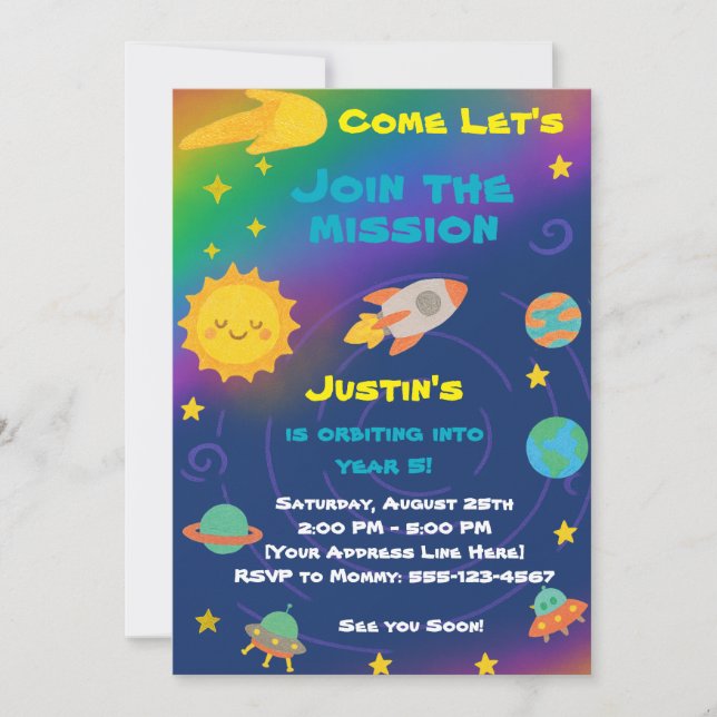 Invitación Editable Crayon Style – Solar System Birthday (Anverso)
